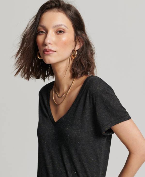 Superdry femmes t-shirt flammé à col v D64Z2615 vêtements noir