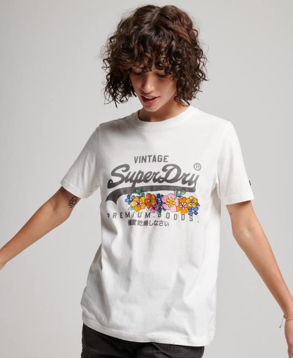 Superdry femmes t-shirt à fleurs à logo vintage D64Z2684 vêtements crème