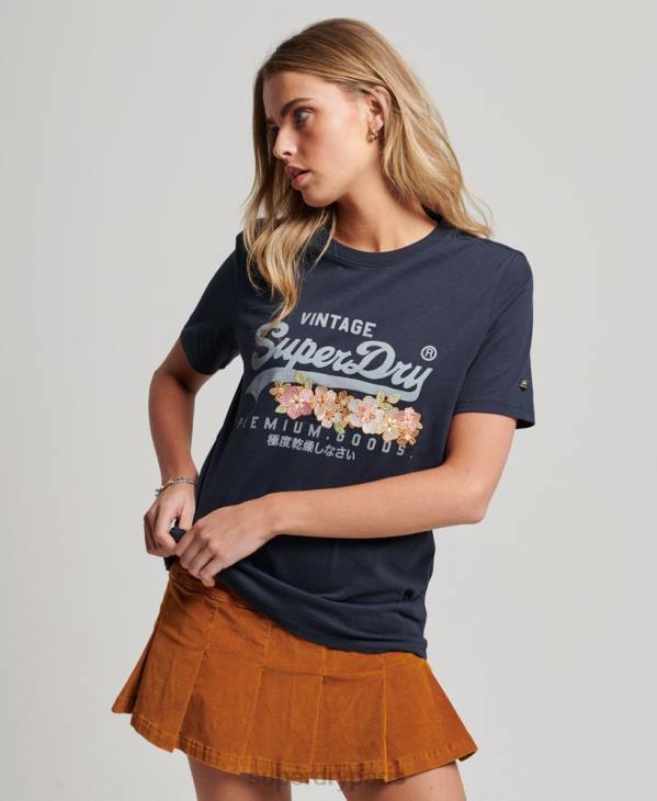 Superdry femmes t-shirt à fleurs à logo vintage D64Z2714 vêtements marine