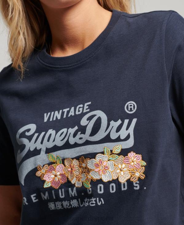 Superdry femmes t-shirt à fleurs à logo vintage D64Z2714 vêtements marine