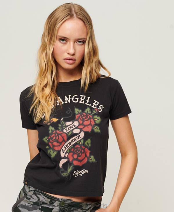Superdry femmes t-shirt graphique de tatouage des années 90 D64Z2616 vêtements noir