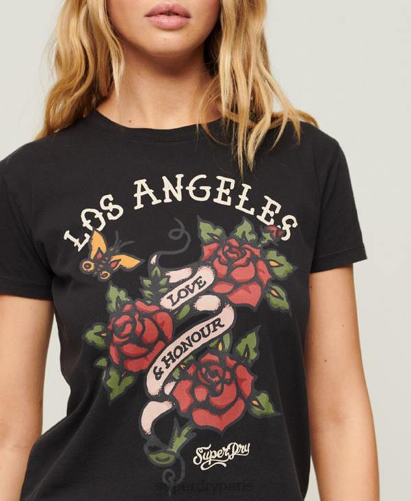 Superdry femmes t-shirt graphique de tatouage des années 90 D64Z2616 vêtements noir
