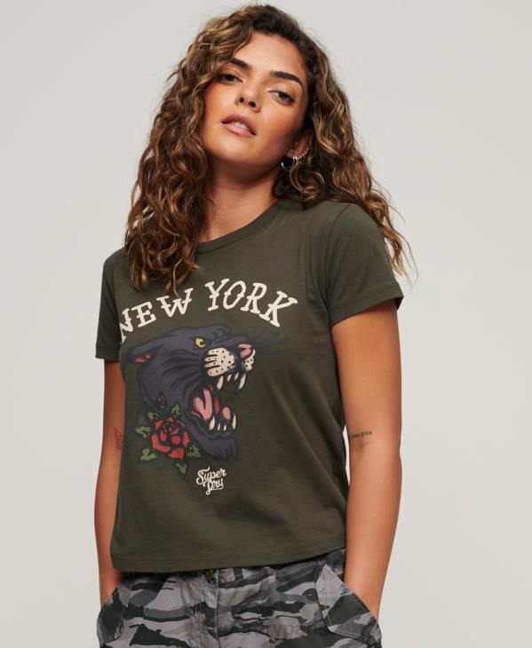 Superdry femmes t-shirt graphique de tatouage des années 90 D64Z2627 vêtements vert