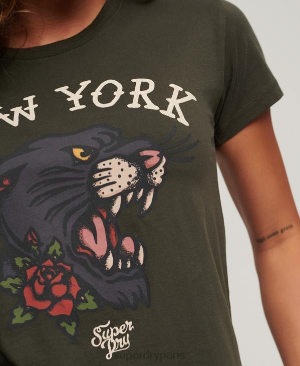 Superdry femmes t-shirt graphique de tatouage des années 90 D64Z2627 vêtements vert