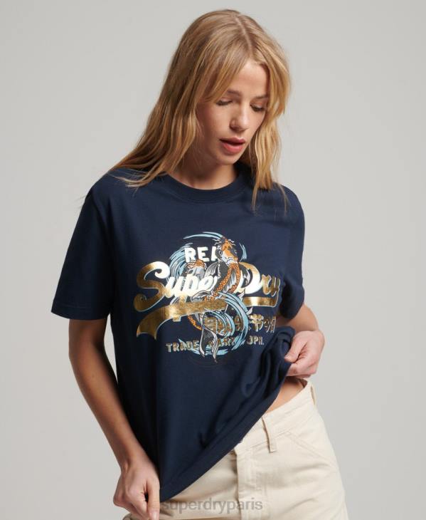 Superdry femmes t-shirt graphique à logo vintage japonais D64Z2720 vêtements marine