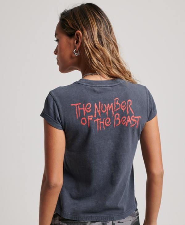 Superdry femmes t-shirt iron maiden avec bande à mancherons D64Z2625 vêtements gris foncé