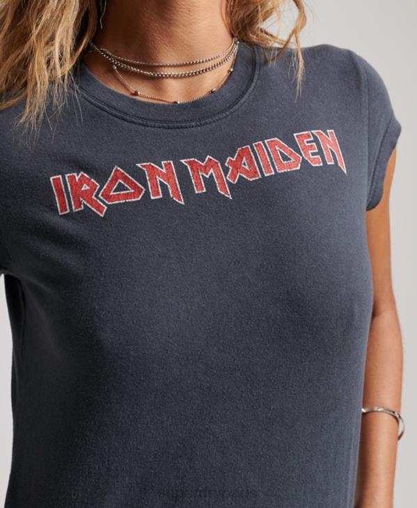 Superdry femmes t-shirt iron maiden avec bande à mancherons D64Z2625 vêtements gris foncé