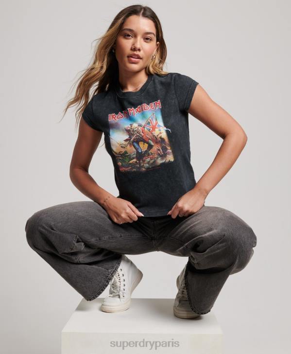 Superdry femmes t-shirt iron maiden avec bande à mancherons D64Z2628 vêtements noir