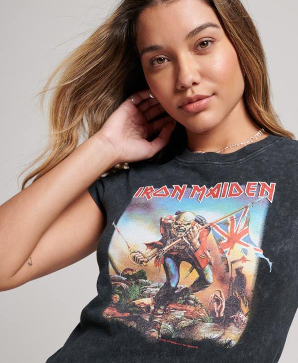 Superdry femmes t-shirt iron maiden avec bande à mancherons D64Z2628 vêtements noir