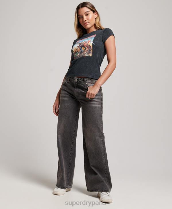 Superdry femmes t-shirt iron maiden avec bande à mancherons D64Z2628 vêtements noir