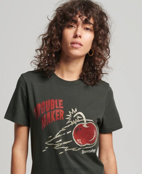 Superdry femmes t-shirt lignes de croisement vintage strass D64Z2786 vêtements gris foncé