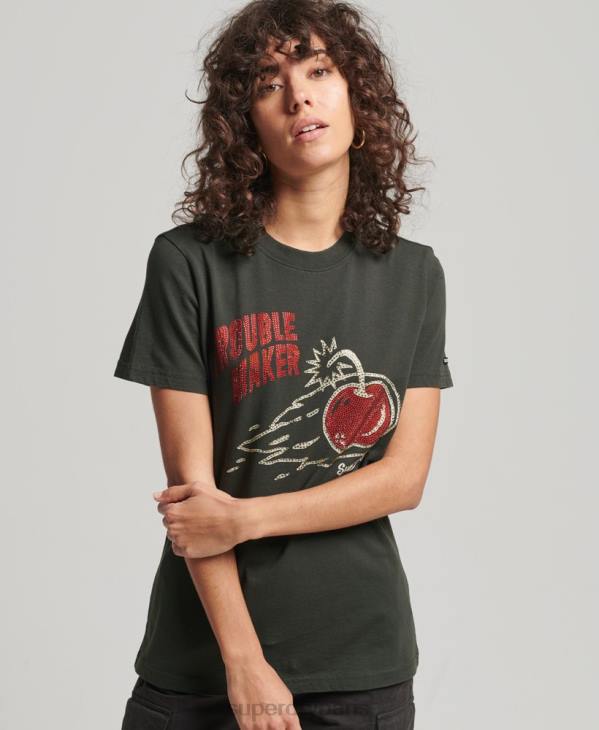 Superdry femmes t-shirt lignes de croisement vintage strass D64Z2786 vêtements gris foncé