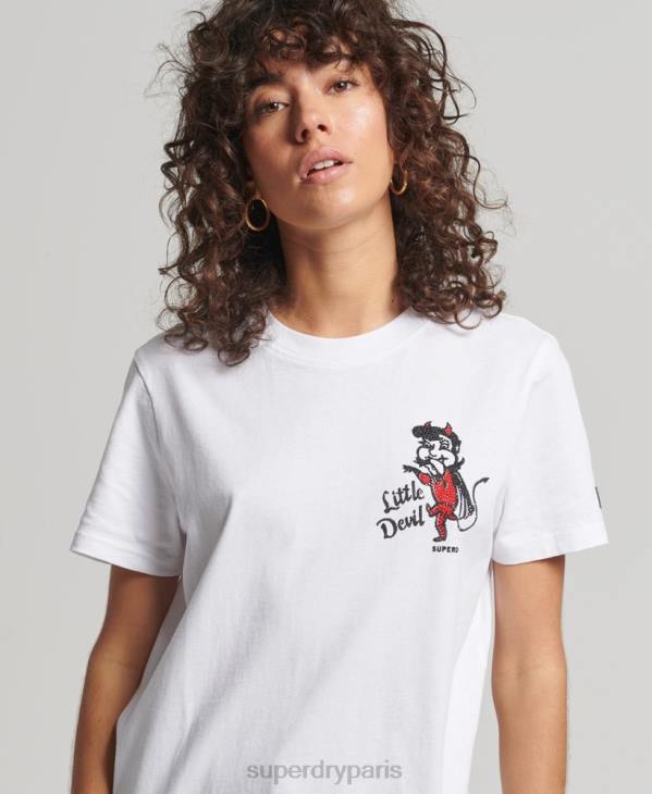 Superdry femmes t-shirt lignes de croisement vintage strass D64Z2823 vêtements blanc
