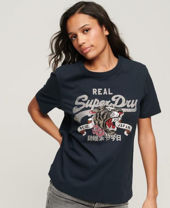 Superdry femmes t-shirt à logo vintage D64Z2084 vêtements marine