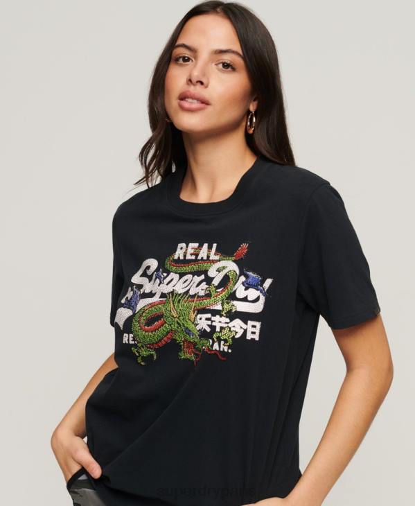 Superdry femmes t-shirt à logo vintage D64Z2175 vêtements gris foncé