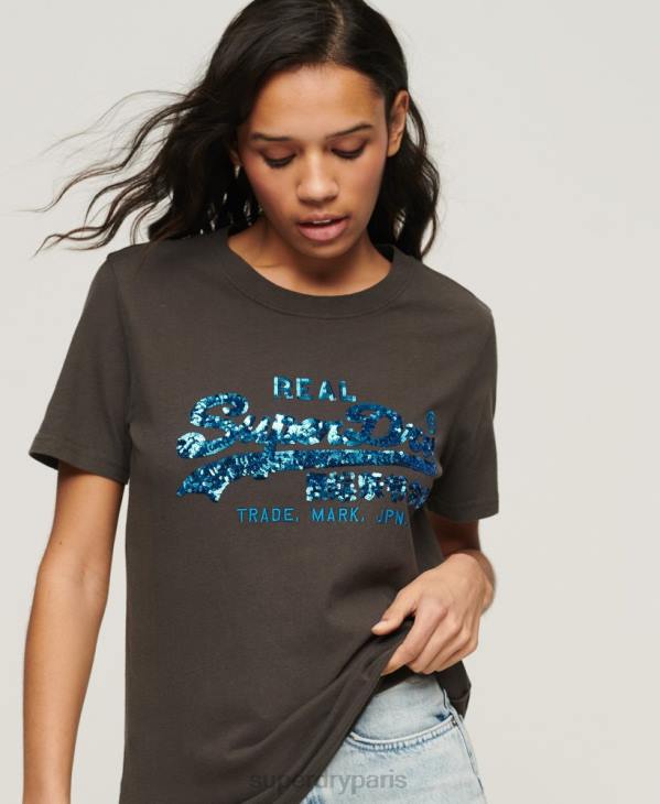 Superdry femmes t-shirt à logo vintage D64Z2297 vêtements gris foncé