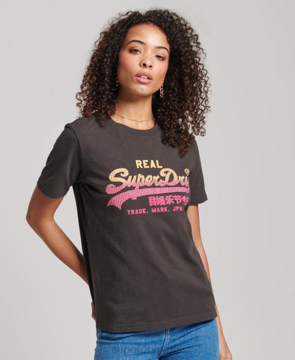 Superdry femmes t-shirt à logo vintage D64Z2682 vêtements gris foncé