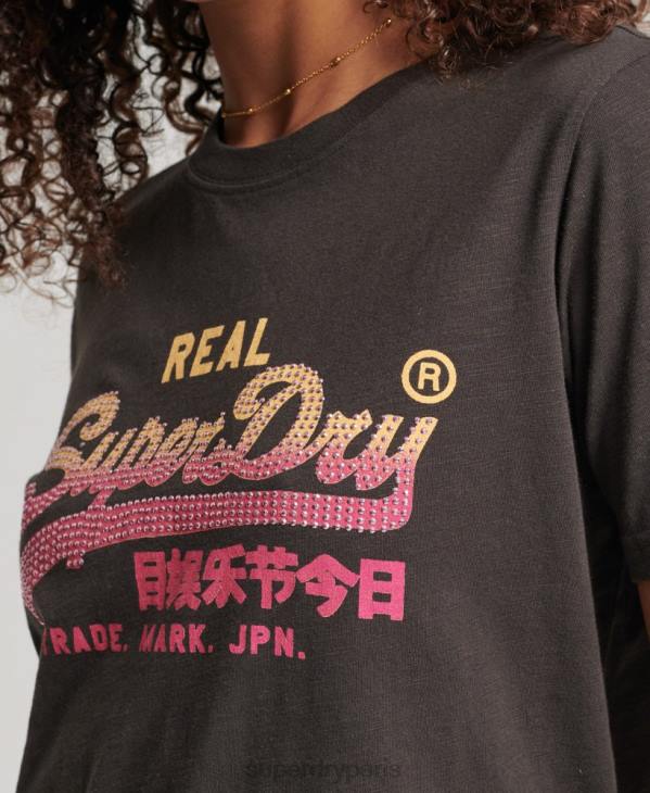 Superdry femmes t-shirt à logo vintage D64Z2682 vêtements gris foncé