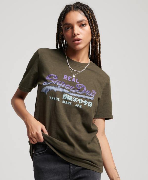 Superdry femmes t-shirt à logo vintage D64Z2696 vêtements kaki