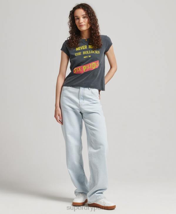 Superdry femmes t-shirt à manches courtes édition limitée sex pistols D64Z2756 vêtements gris foncé