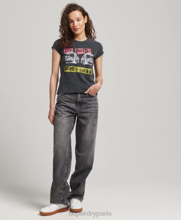 Superdry femmes t-shirt à manches courtes édition limitée sex pistols D64Z2767 vêtements noir