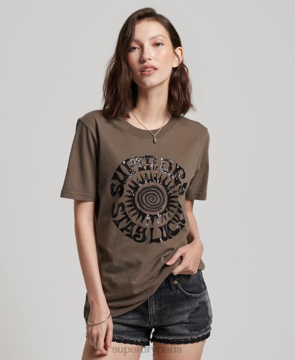 Superdry femmes t-shirt à ornements vintage D64Z2722 vêtements kaki