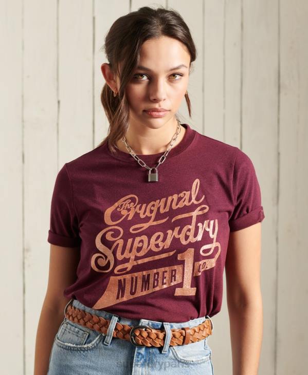 Superdry femmes t-shirt à paillettes scintillantes D64Z2818 vêtements rouge