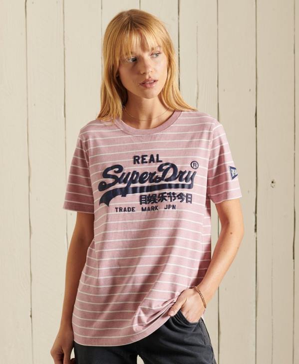 Superdry femmes t-shirt rayé à logo vintage D64Z2804 vêtements rose