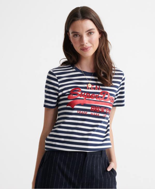 Superdry femmes t-shirt à rayures en satin à logo vintage D64Z2864 vêtements marine