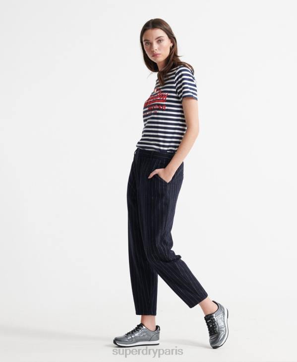 Superdry femmes t-shirt à rayures en satin à logo vintage D64Z2864 vêtements marine