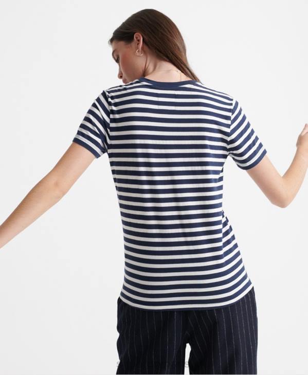 Superdry femmes t-shirt à rayures en satin à logo vintage D64Z2864 vêtements marine