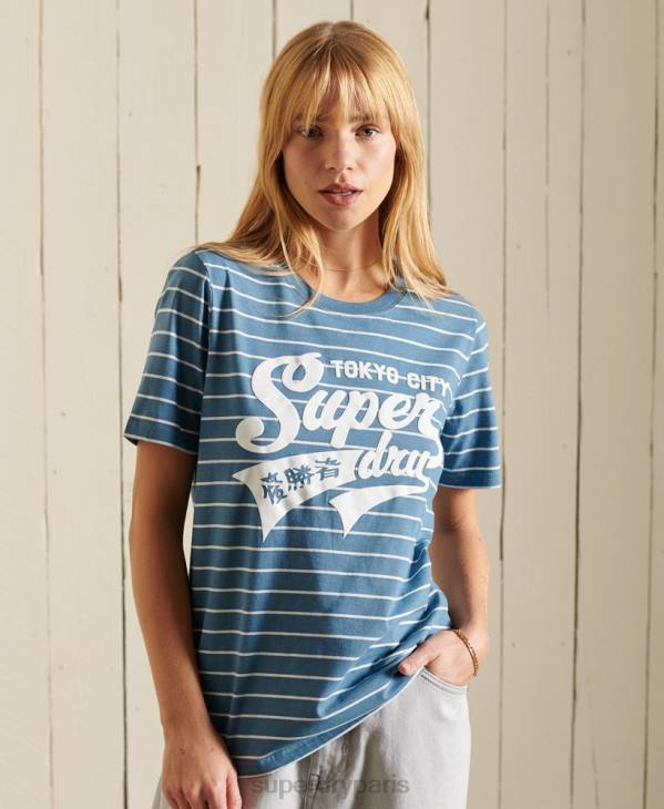 Superdry femmes t-shirt à rayures universitaires style script D64Z2794 vêtements bleu