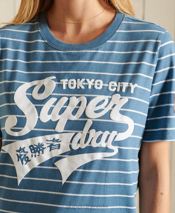 Superdry femmes t-shirt à rayures universitaires style script D64Z2794 vêtements bleu