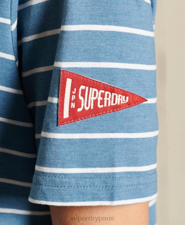 Superdry femmes t-shirt à rayures universitaires style script D64Z2794 vêtements bleu
