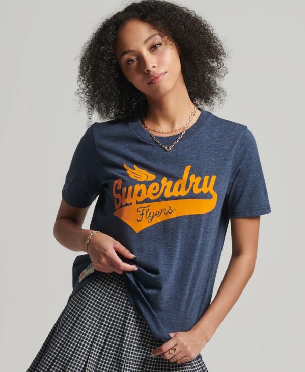 Superdry femmes t-shirt universitaire style script vintage D64Z6283 vêtements marine