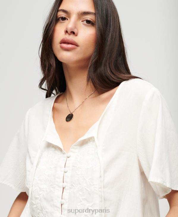 Superdry femmes top boutonné brodé à manches courtes D64Z2078 vêtements crème