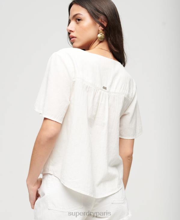 Superdry femmes top boutonné brodé à manches courtes D64Z2078 vêtements crème