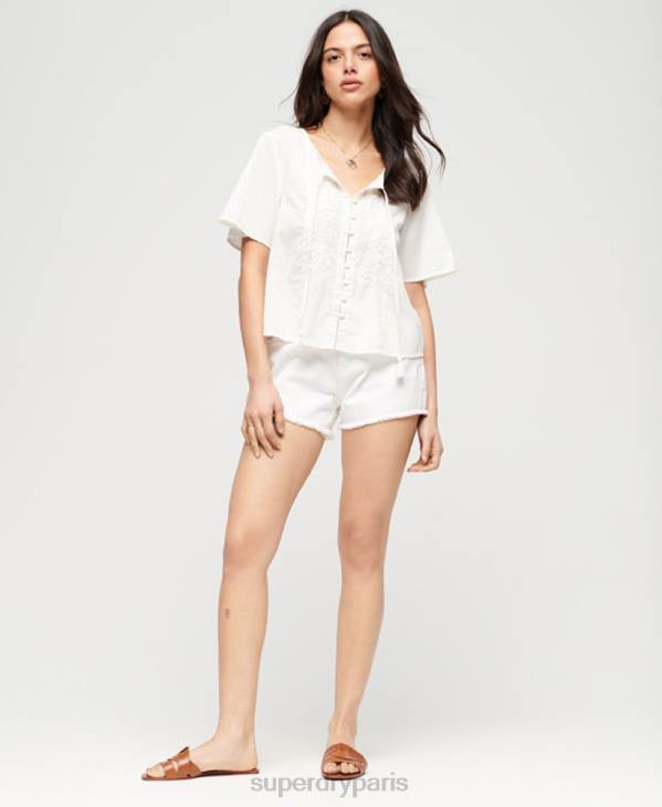 Superdry femmes top boutonné brodé à manches courtes D64Z2078 vêtements crème