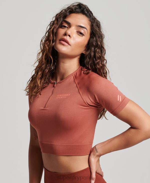 Superdry femmes top court sans coutures à manches courtes D64Z2931 vêtements brun