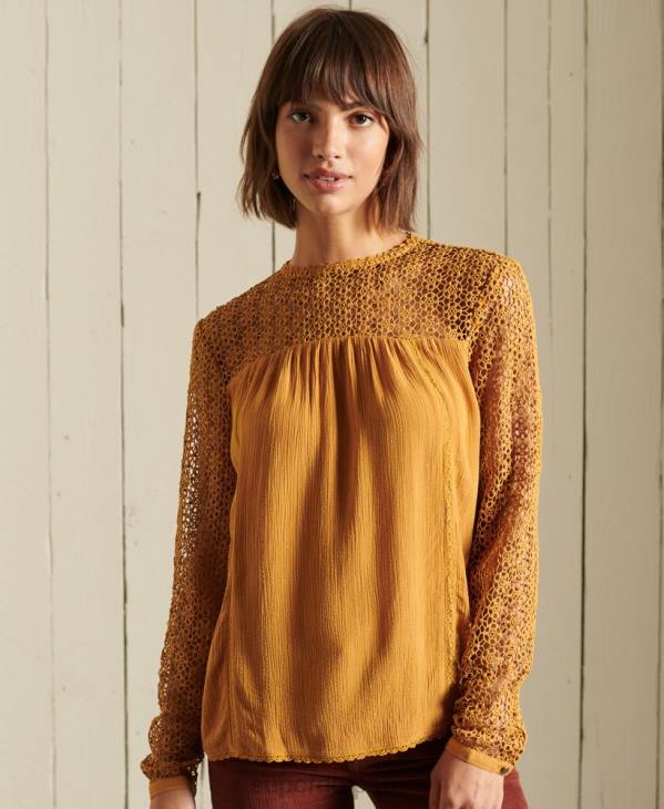 Superdry femmes top en dentelle tissée à manches longues D64Z3057 vêtements jaune