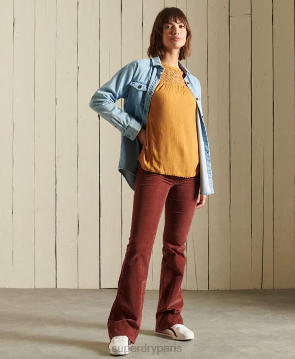 Superdry femmes top en dentelle tissée à manches longues D64Z3057 vêtements jaune