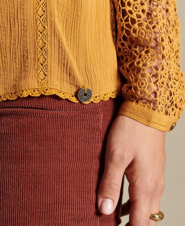 Superdry femmes top en dentelle tissée à manches longues D64Z3057 vêtements jaune