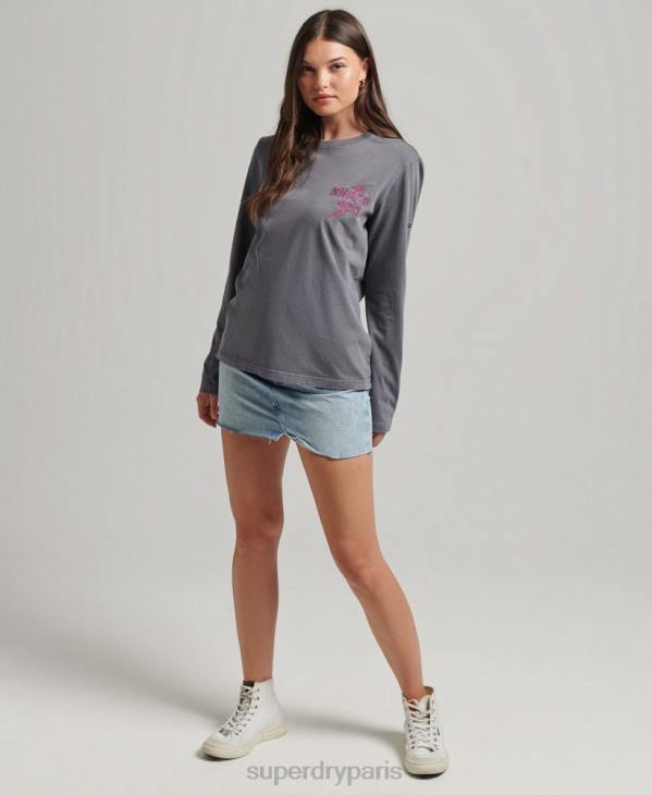 Superdry femmes top indie mark à manches longues D64Z3027 vêtements gris foncé