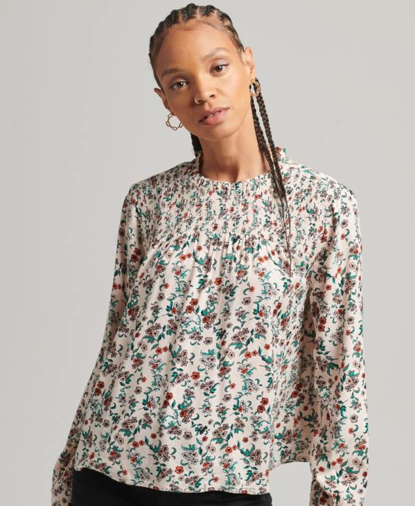 Superdry femmes top tissé smocké à manches longues D64Z3014 vêtements rose