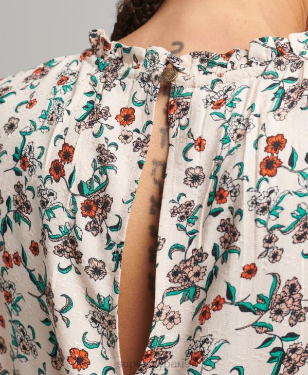 Superdry femmes top tissé smocké à manches longues D64Z3014 vêtements rose