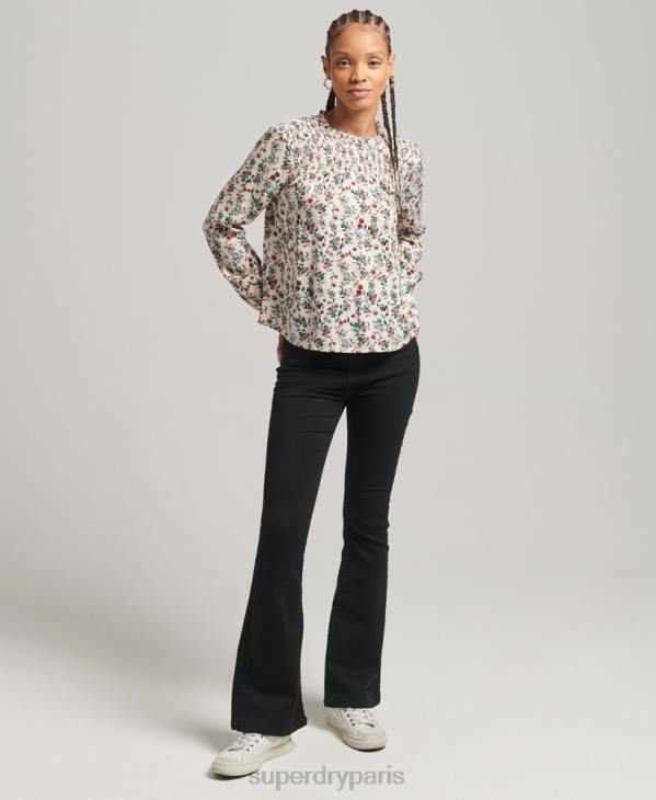 Superdry femmes top tissé smocké à manches longues D64Z3014 vêtements rose