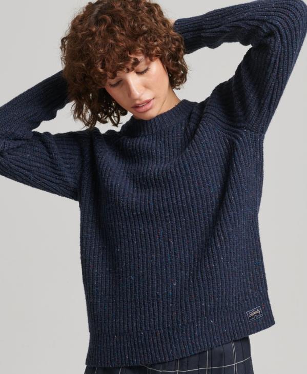 Superdry femmes pull côtelé à col rond en tweed D64Z3988 vêtements marine