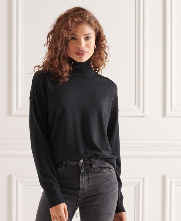 Superdry femmes pull col roulé en mérinos à épaules tombantes D64Z4021 vêtements noir