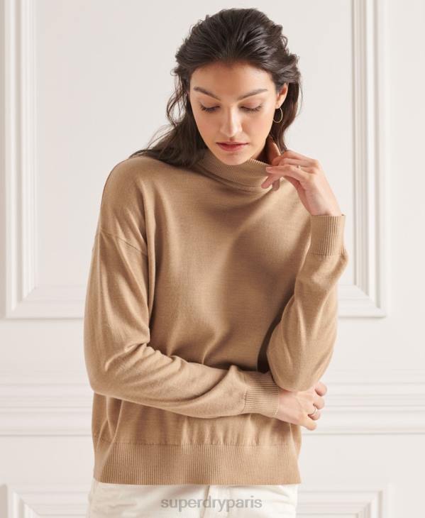 Superdry femmes pull col roulé en mérinos à épaules tombantes D64Z6652 vêtements beige