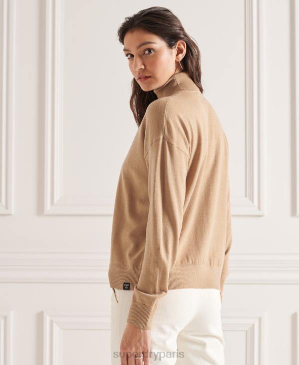 Superdry femmes pull col roulé en mérinos à épaules tombantes D64Z6652 vêtements beige